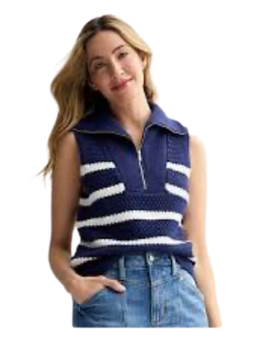 Sonoma Goods for Life Navy and White Striped Sleeveless Zip Polo Sweater Size PL